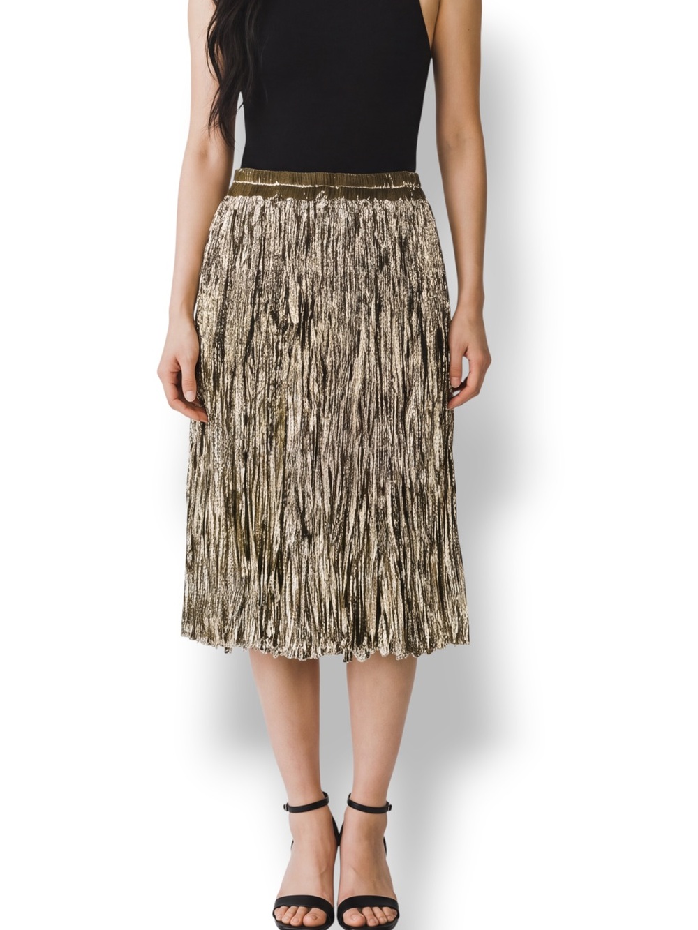 4/$20 Vintage Karen Kane Easywear Gold Metallic Crinkle A-Line Skirt USA Size 12